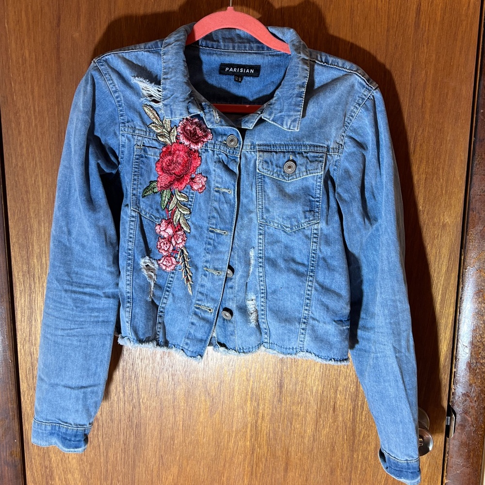 Parisian Works Blue and Red Jean Jacket with Floral Embroidery